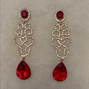 Elegant Red and Clear crystal with Gold 3.5 inch Drop Earrings